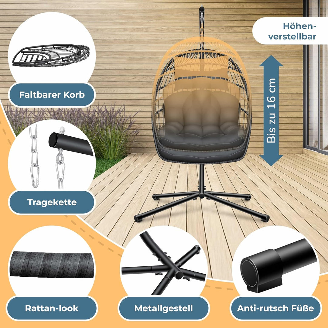 KESSER® Hängesessel Jungle mit Gestell Stahl Hängekorb Sessel Grossen Kissen + Decken Halterung + Co