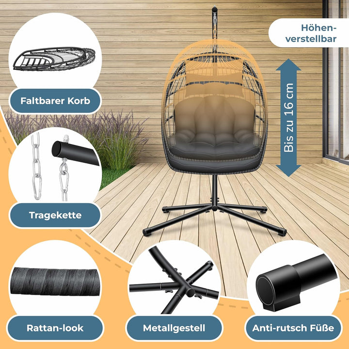 KESSER® Hängesessel Jungle mit Gestell Stahl Hängekorb Sessel Grossen Kissen + Decken Halterung + Co