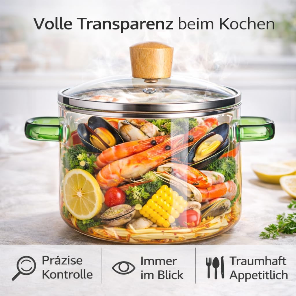 Transparenter Borosilikat-Glaskochtopf 1,6l – Mikrowellengeeignet, Hitzebeständig, Doppelgriff – Fam