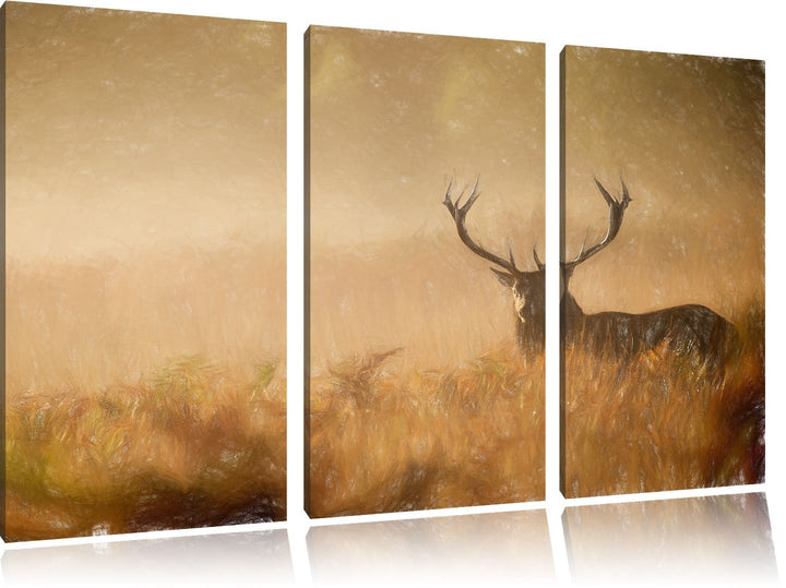 Pixxprint Rotwild Hirsch im Nebel als Leinwandbild/Grösse: 3 Teilig (120x80 cm) cm/Wandbild/Kunstdru
