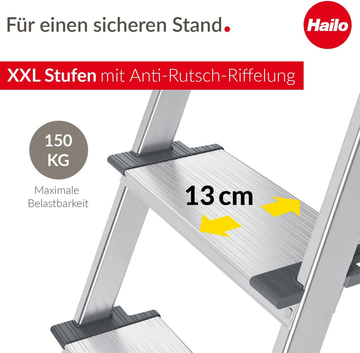 Hailo L84 ComfortLine Alu-Sicherheits-Stehleiter - 5 XXL-Stufen belastbar bis 150 kg - Tiefe Standfl