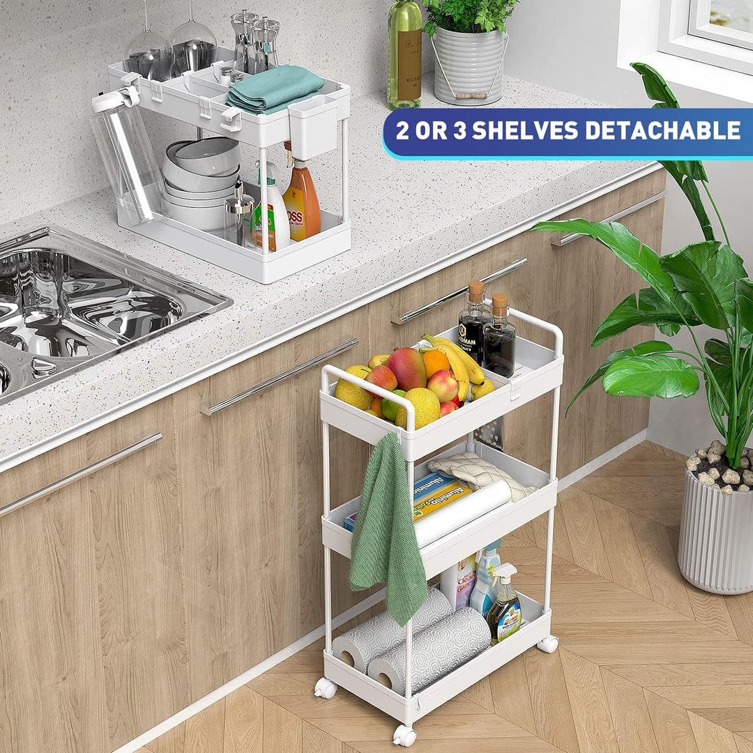 Ronlap Rollwagen Küchewagen mit 3 Ebenen, Servierwagen mit Aufhängebecher, Separator, Haken, Regal a