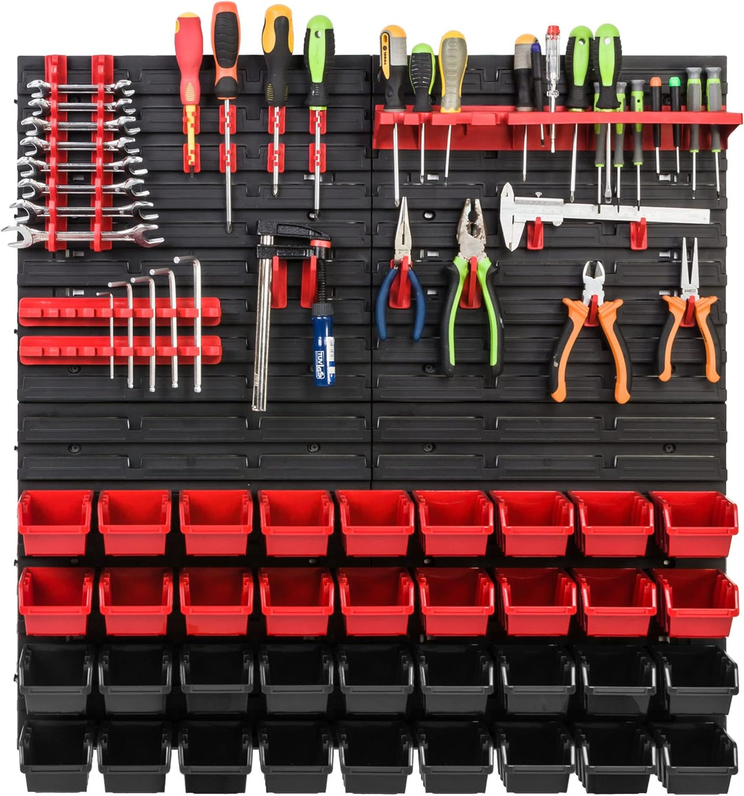Lagersystem Werkstattregal | 78 x78 cm | 36 stck. Box | Wandregal mit Werkzeughalterungen und Stapel