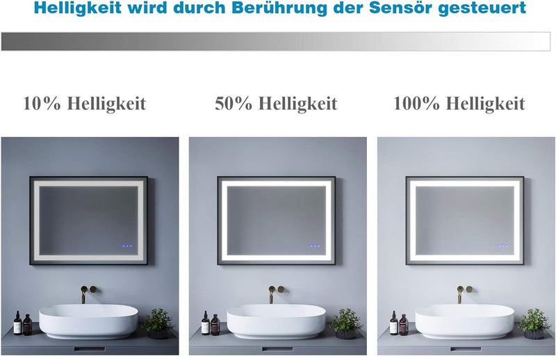Lichtspiegel 80x60 cm Wandspiegel Schwarz matt Rahmen Badspiegel mit Beleuchtung Lichtschalter Badez