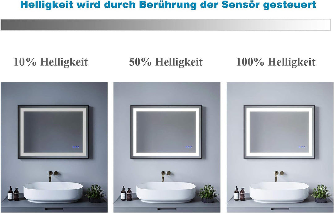 Lichtspiegel 80x60 cm Wandspiegel Schwarz matt Rahmen Badspiegel mit Beleuchtung Lichtschalter Badez
