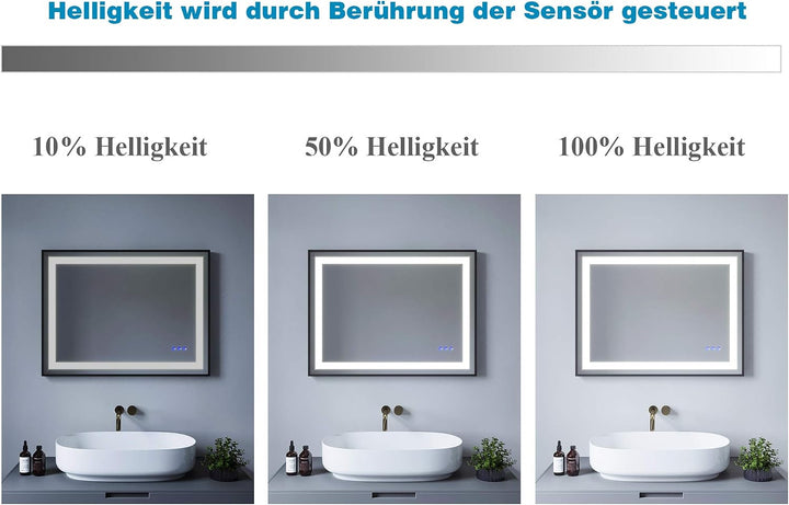 Lichtspiegel 80x60 cm Wandspiegel Schwarz matt Rahmen Badspiegel mit Beleuchtung Lichtschalter Badez