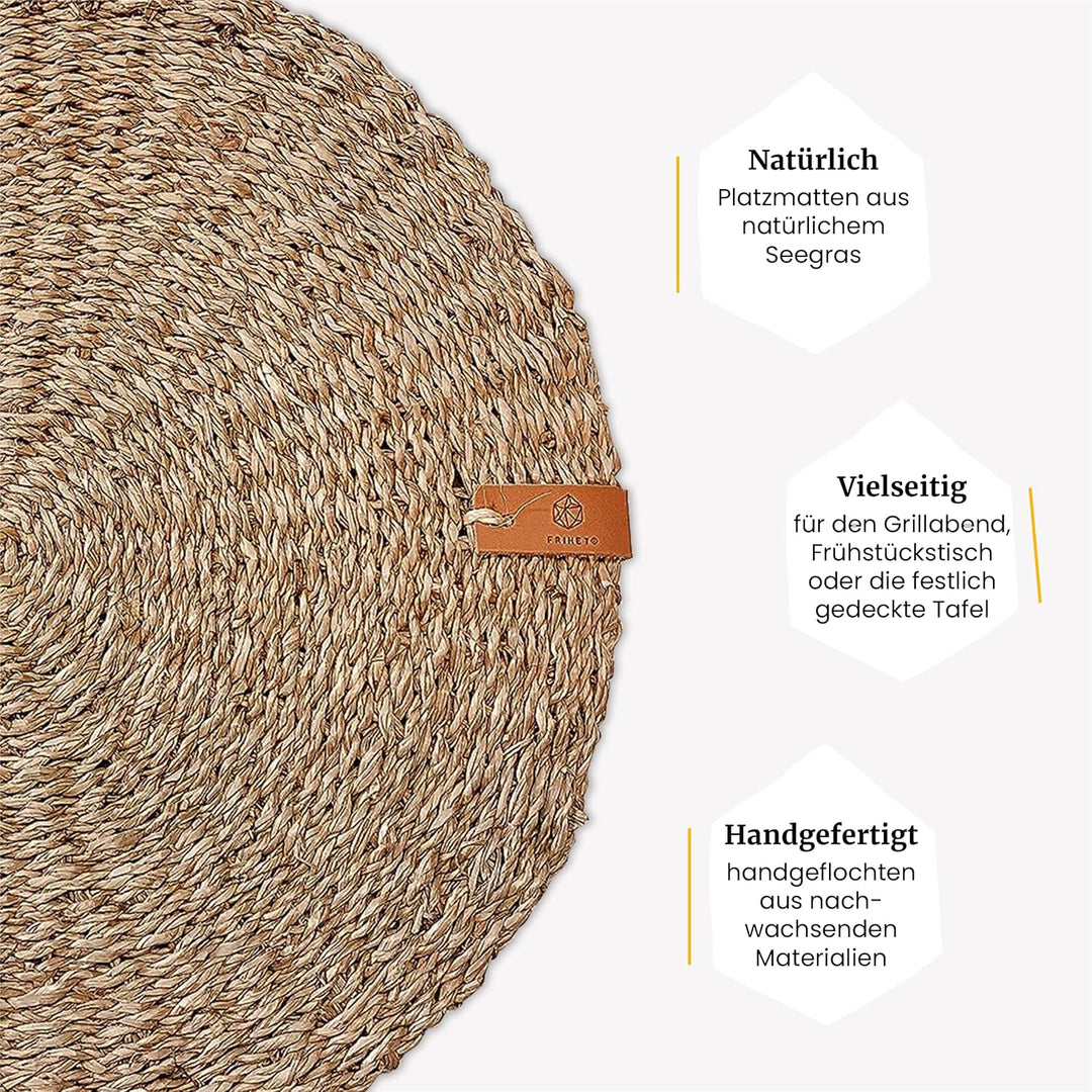 FRIHET® Platzsets rund aus Seegras für Tischdeko | Platzdeckchen für den Esstisch | 4er Tischset Nat