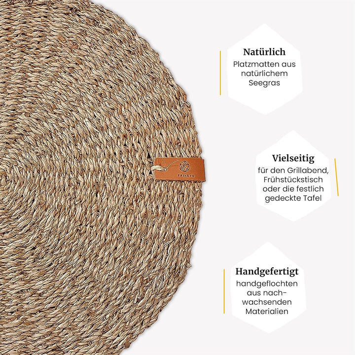 FRIHET® Platzsets rund aus Seegras für Tischdeko | Platzdeckchen für den Esstisch | 4er Tischset Nat