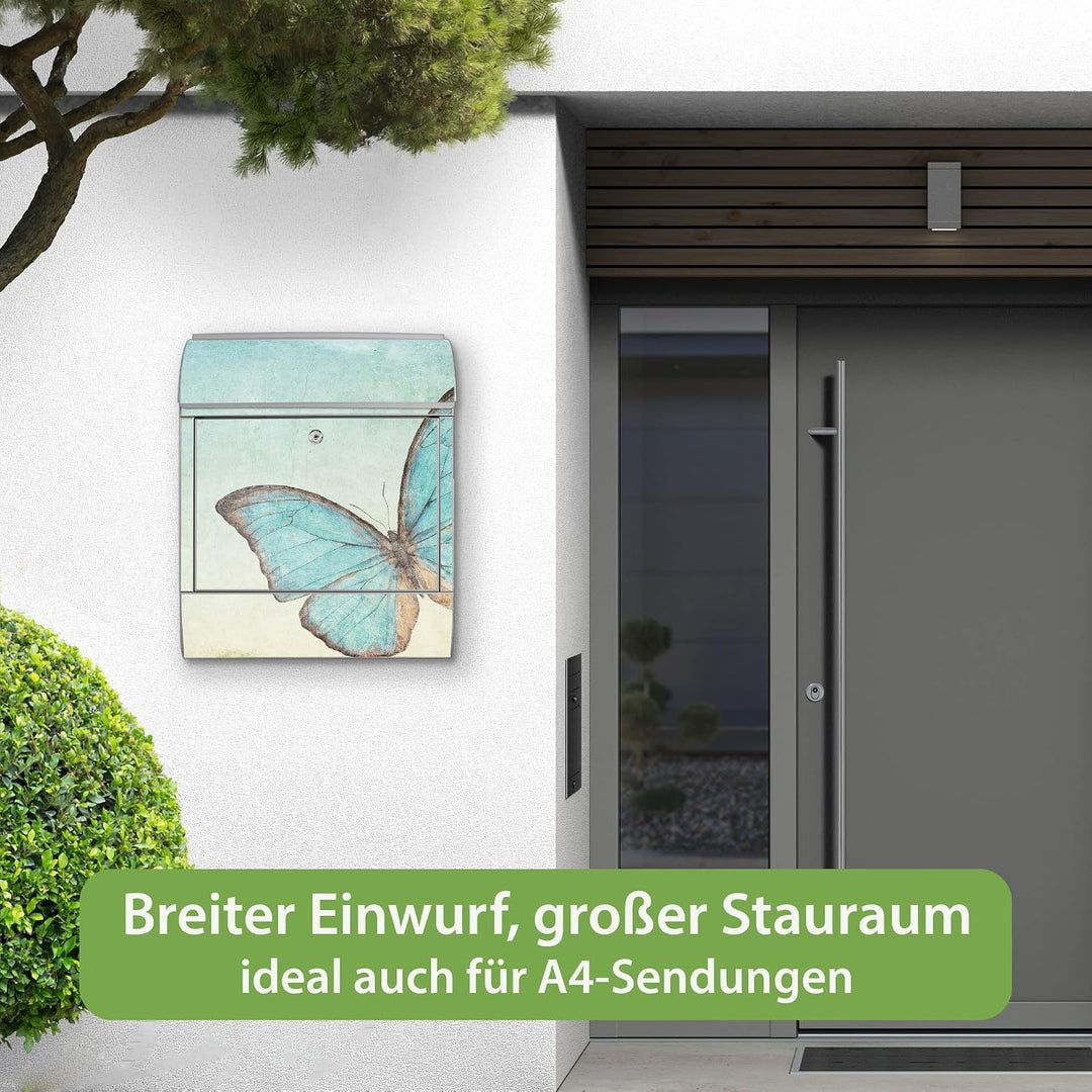 banjado® Design Briefkasten mit Motiv Blaue Schmetterlinge 39x47x14cm &amp; 2 Schlüssel - Briefkasten St