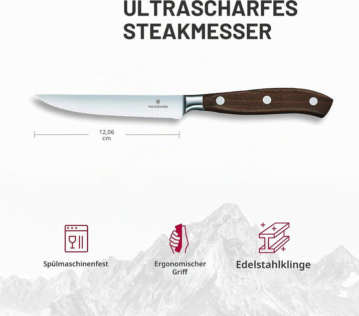 Victorinox, Grand Maître, Profi Steakmesser, Extra Scharfe Klinge, Wellenschliff, 12 cm, Edler Holzg