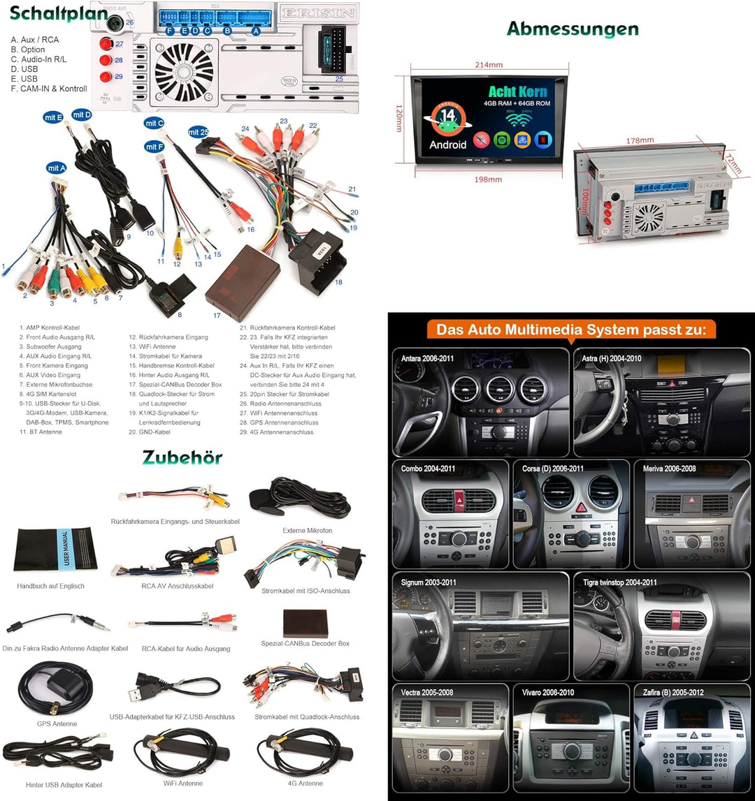Erisin 8 Zoll Acht-Kern Android 14 DAB+ Autoradio 4GB+64GB Für OPEL Astra H Corsa D Zafira Meriva Si