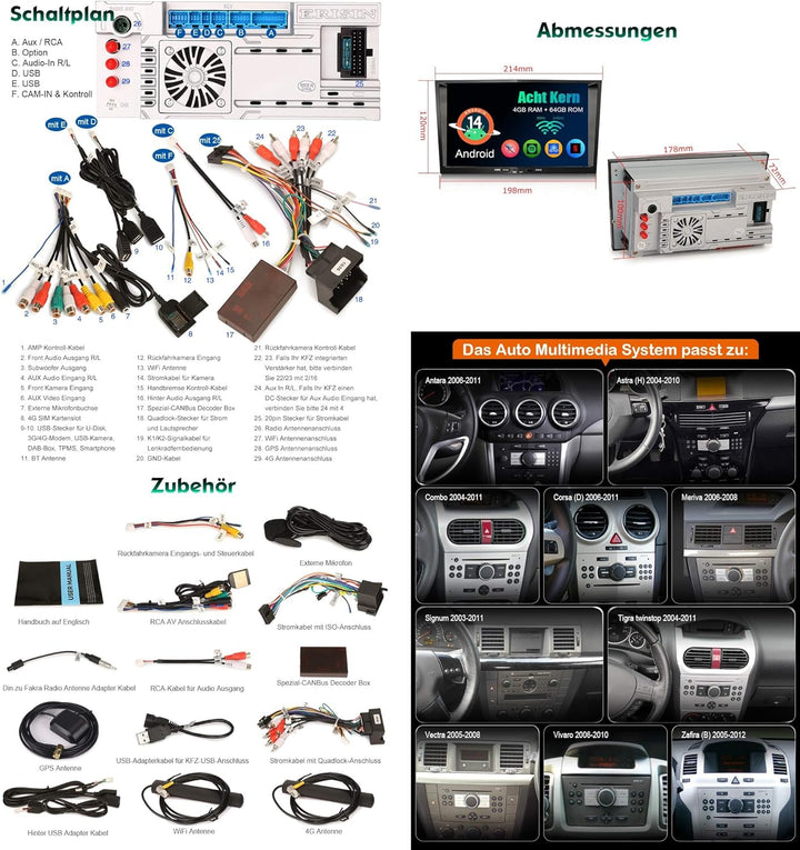 Erisin 8 Zoll Acht-Kern Android 14 DAB+ Autoradio 4GB+64GB Für OPEL Astra H Corsa D Zafira Meriva Si