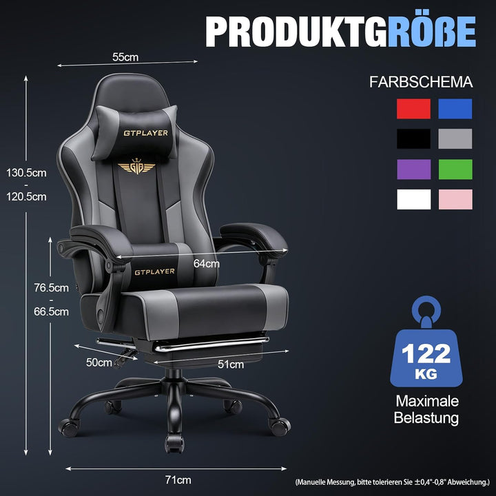 GTPLAYER Gaming Stuhl Chair Gamer Sessel - Ergonomischer Gamer Stuhl mit Fussstütze Kopfstütze und L