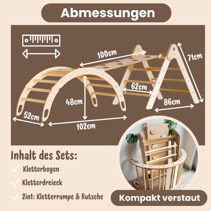 WoodsCraft 3in1 Set: Kletterdreieck mit Rutsche Indoor/Klettern Rampe & Kletterbogen mit Kissen | Ho