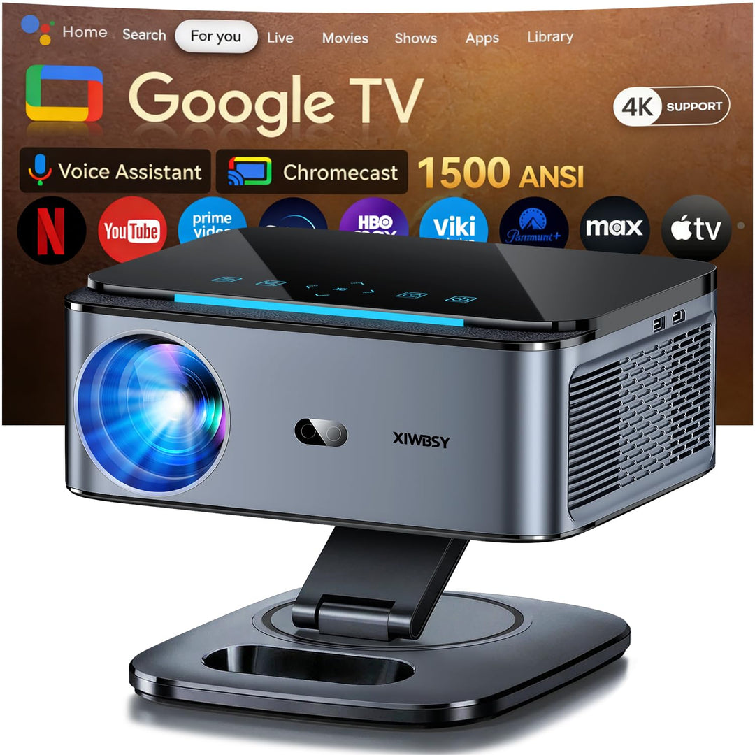 Beamer【1500 ANSI/Autofokus/360°-Drehung】 XIWBSY Projektor 4k Google TV/Sprachsteuerung, WiFi 6 Bluet