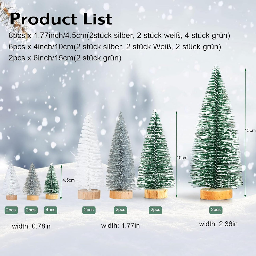 16 Stück Mini Tannenbaum Deko Klein Weihnachtsbaum Grün Silber Weiss, Künstlich Miniatur Weihnachtsb