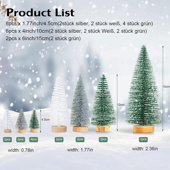 16 Stück Mini Tannenbaum Deko Klein Weihnachtsbaum Grün Silber Weiss, Künstlich Miniatur Weihnachtsb