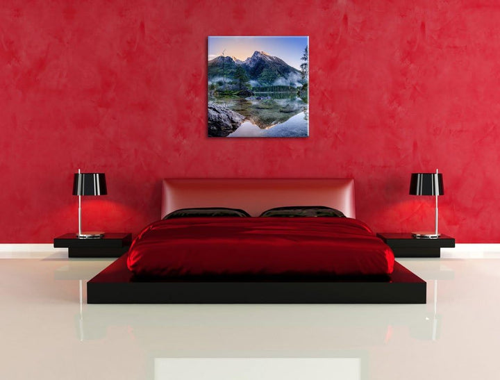 Sonnenaufgang am Hintersee, Format: 70x70 auf Leinwand, XXL riesige Bilder fertig gerahmt mit Keilra
