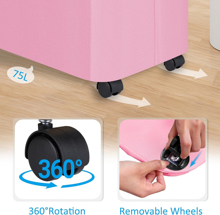 efluky Wäschekorb mit Rollen, 75L Faltbarer Wäschekorb mit Deckel, Rosa Schlanker Wäschebehälter mit