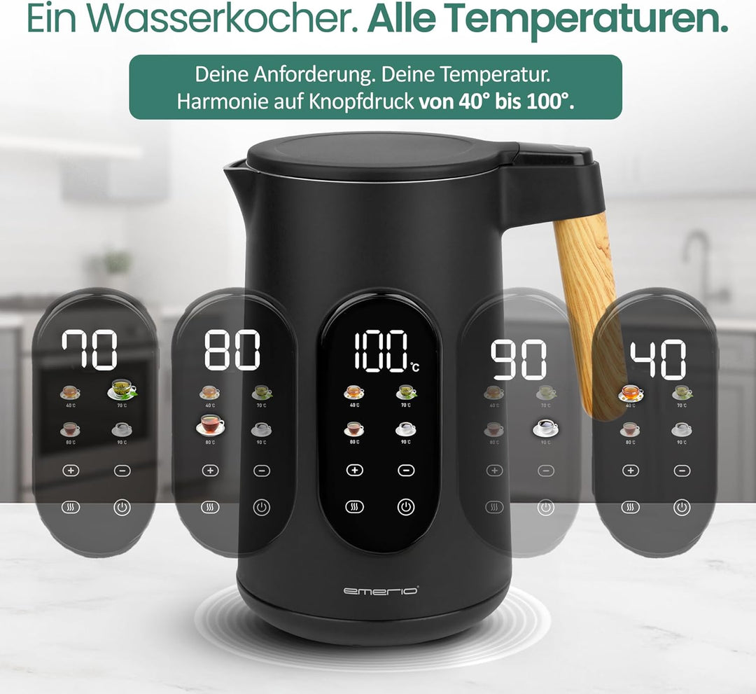 EMERIO Wasserkocher Edelstahl 1.7L | isolierte Doppelwand | Temperaturwahl 40-100°C in 5°C Schritten