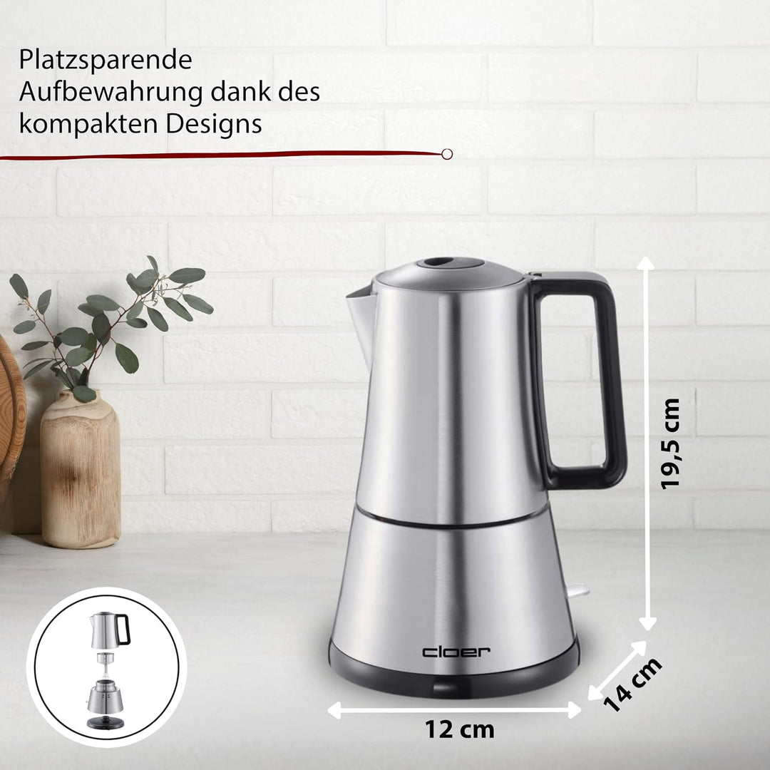 Cloer 5918 Moka Maker, "Espressokocher", 3-4 Tassen, Edelstahleinsatz, Sicherheitsabschaltung, Siche