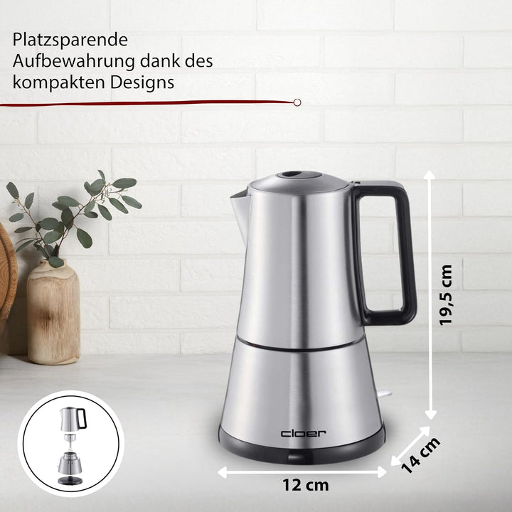 Cloer 5918 Moka Maker, "Espressokocher", 3-4 Tassen, Edelstahleinsatz, Sicherheitsabschaltung, Siche