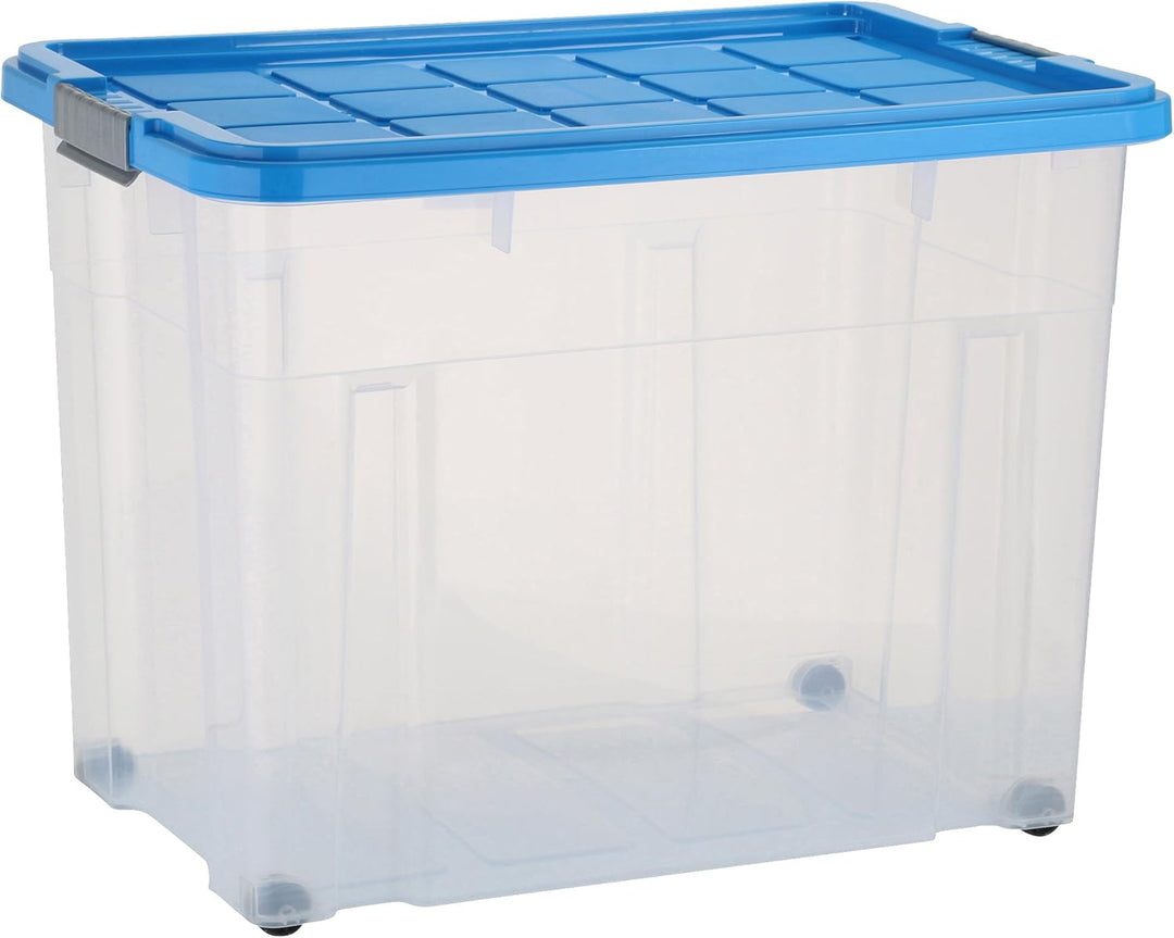 axentia Aufbewahrungsbox mit Rollen & Deckel, Stapelbox aus Kunststoff 80 Liter, Eurobox transparent
