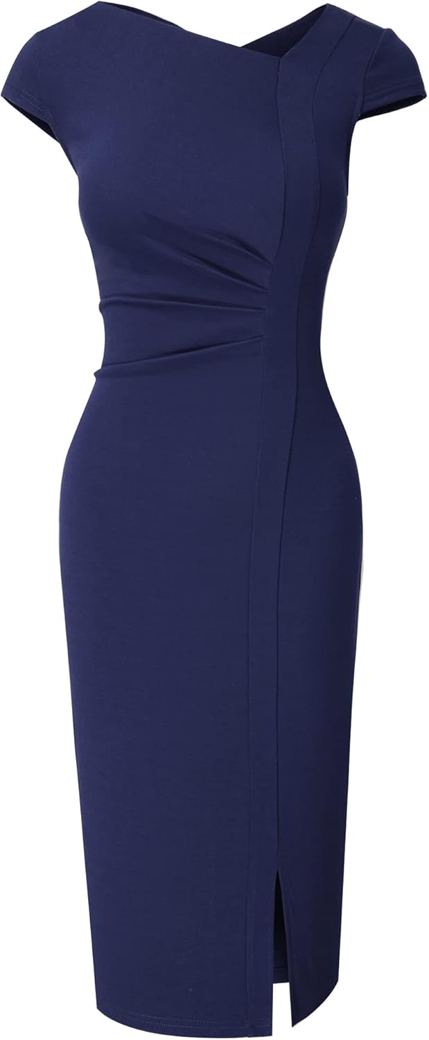HOMEYEE Damen Vintage V-Ausschnitt Bodycon Business Bleistiftkleid mit Schlitz B700 M Marineblau, M