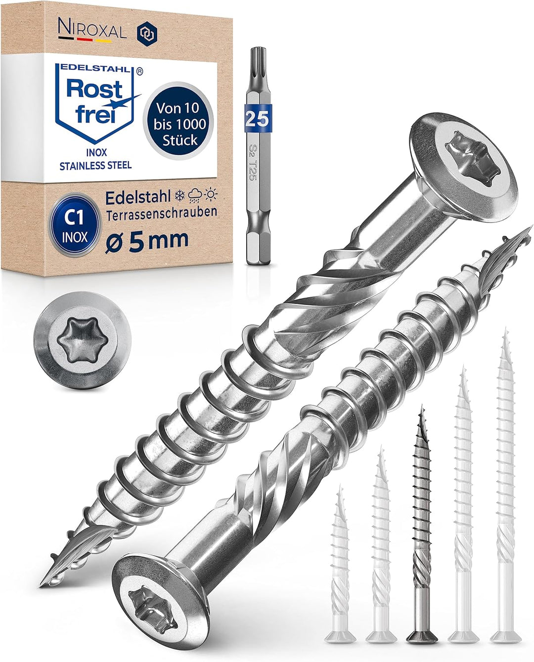250 Stück Terrassenschrauben 5 x 60 mm lang | PERFEKT für 25 mm Terrassendielen | rostfreier gehärte