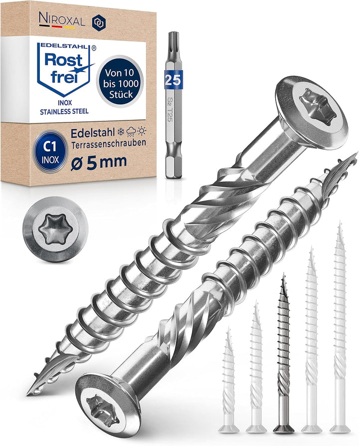 250 Stück Terrassenschrauben 5 x 60 mm lang | PERFEKT für 25 mm Terrassendielen | rostfreier gehärte