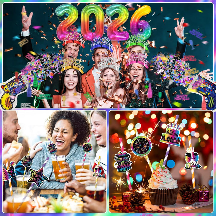 2025 Silvester Foto Requisiten 34 Stück, Silvester Deko 2025, 2025 Silvester Haarreif, Konfetti Silv