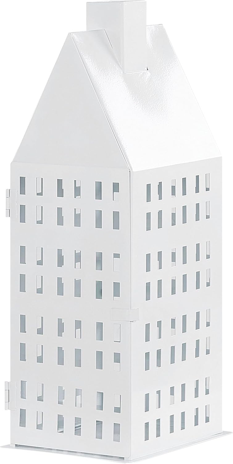 Laterne weiss Metall mit Glaseinsatz Hausmotiv fensterförmige Löcher 40 cm Dolok