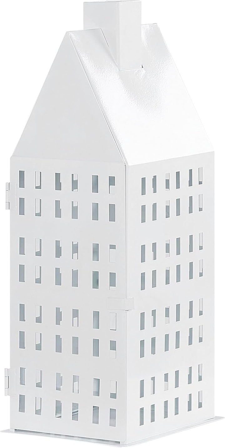 Laterne weiss Metall mit Glaseinsatz Hausmotiv fensterförmige Löcher 40 cm Dolok