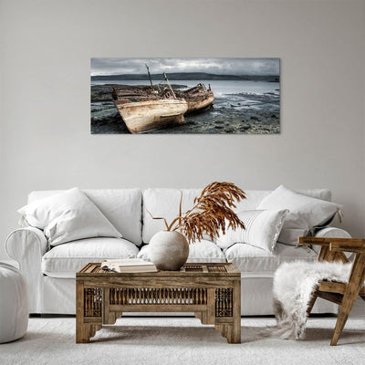 Panorama Bilder auf Leinwand 100x40cm Leinwandbild mit Rahmen Boot Wrack Ufer Gross Wanddeko Bild Sc