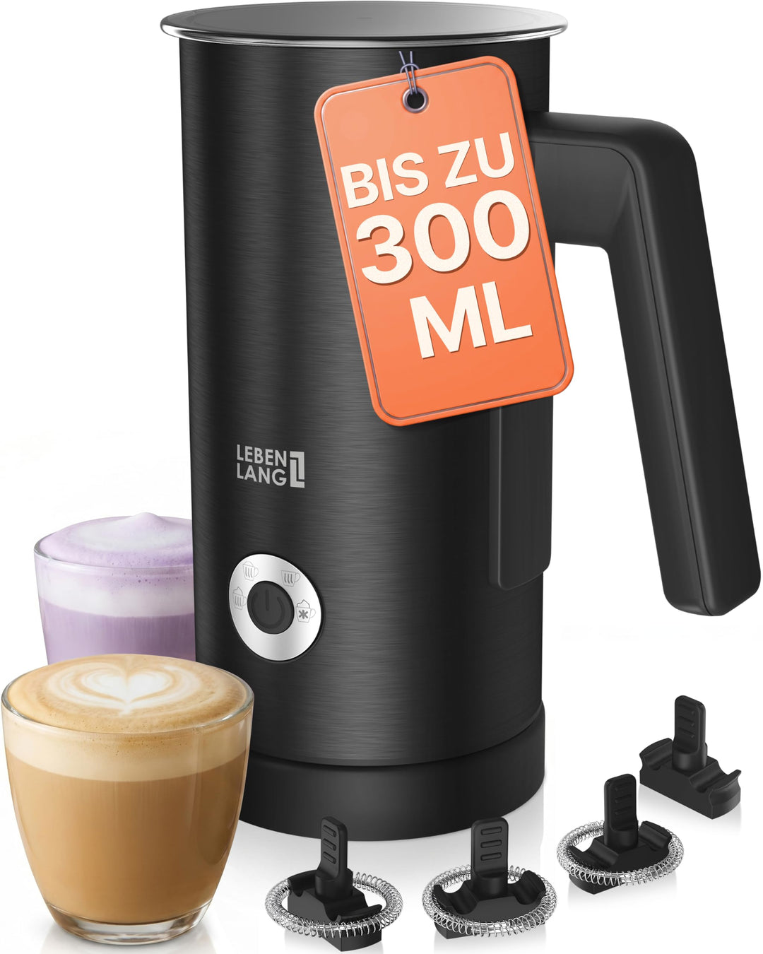 LEBENLANG Milchaufschäumer Elektrisch 4-in-1-300ml & 500W I Antihaftbeschichtet + 3 Ersatzschäumer I