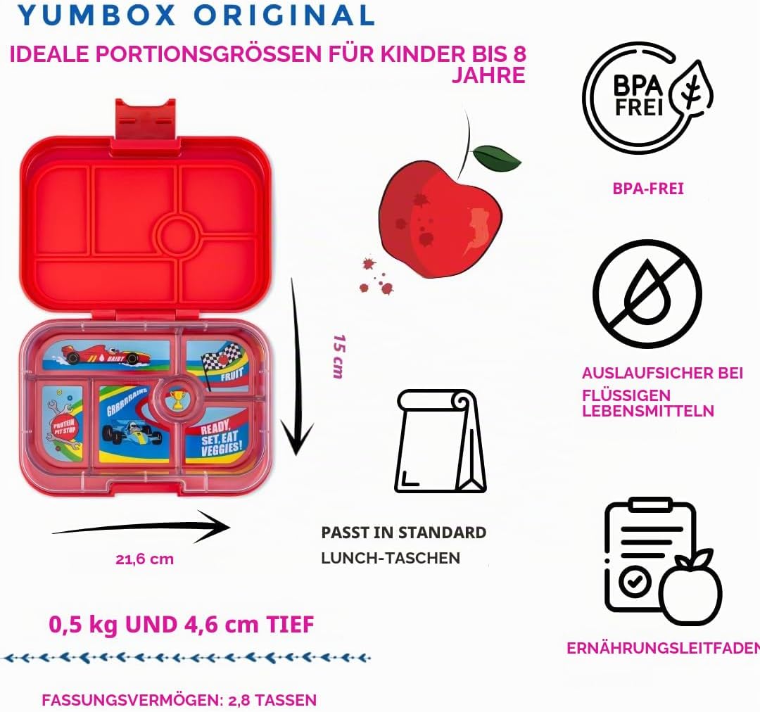 yumbox Original auslaufsichere Bento-Lunchbox für Kinder (Roar Red (Race Cars Tablett)) Rot, Rot