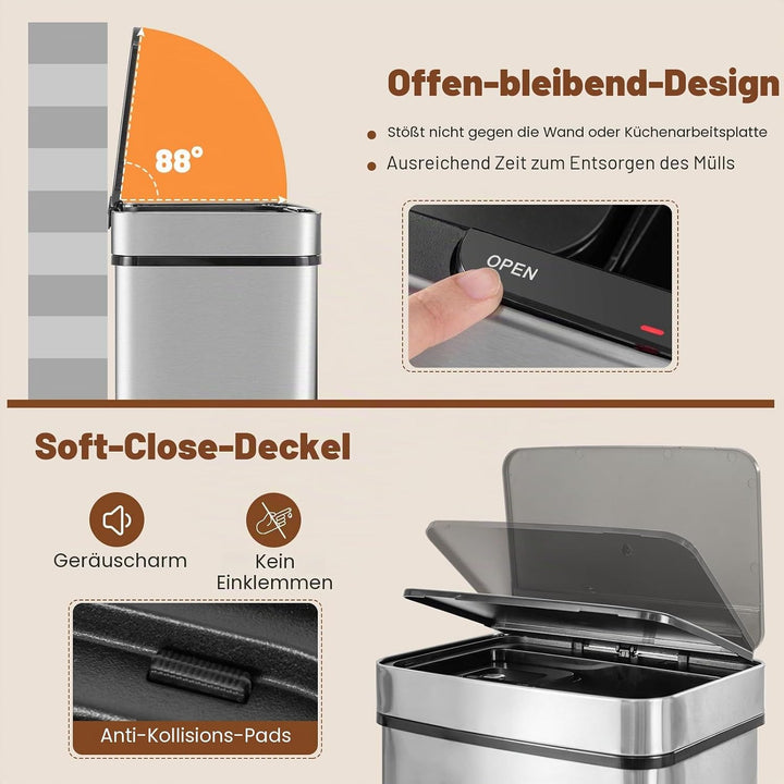 FANTASK 72L Mülleimer Küche, 4 Fächer Edelstahl Bin mit Sensor, Automatisch Abfalleimer mit Softclos