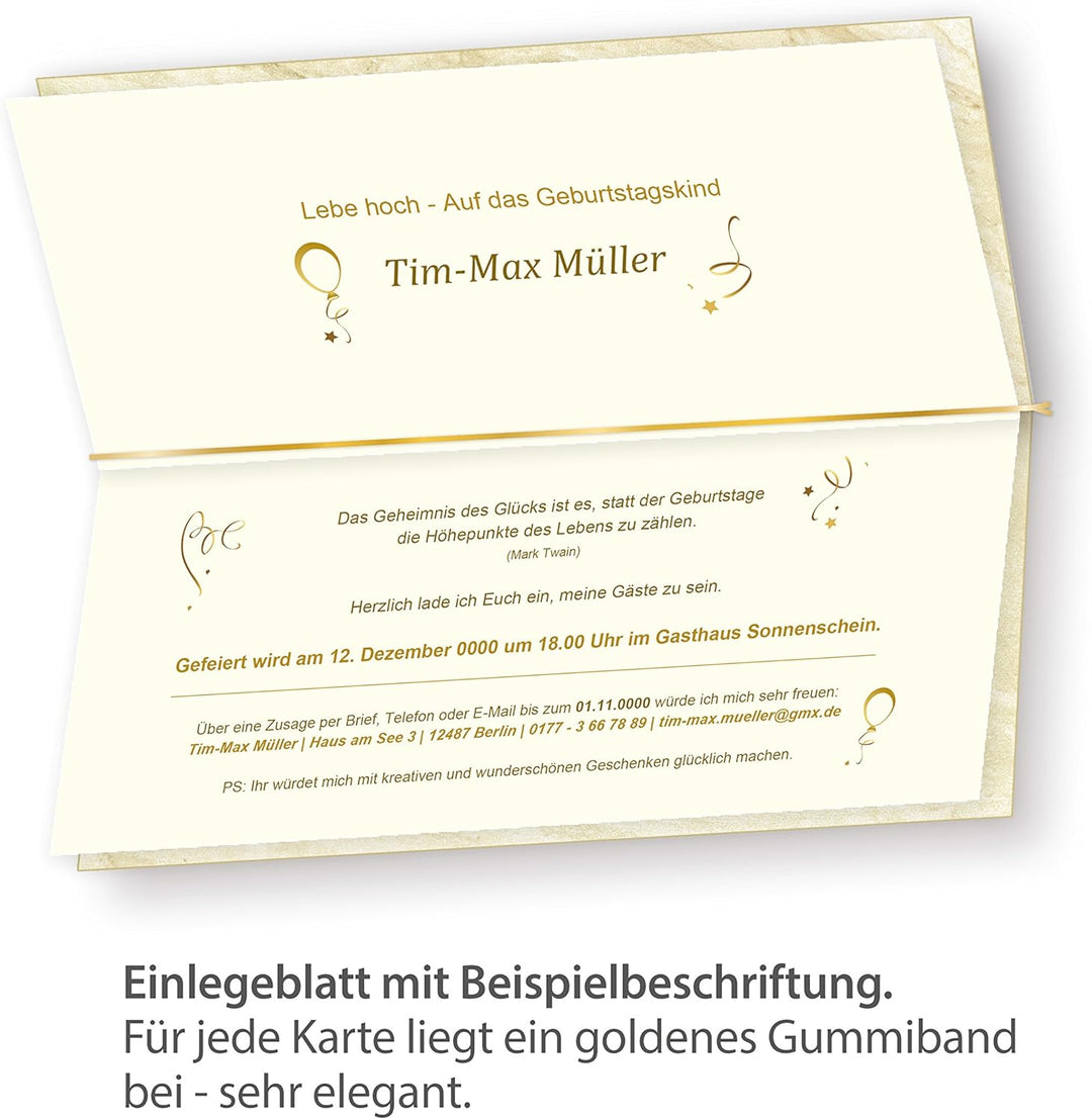 Einladungskarten Marmor (25 Sets) zum Selbst-gestalten, mit Einlegeblätter + Goldbänder, für Geburts