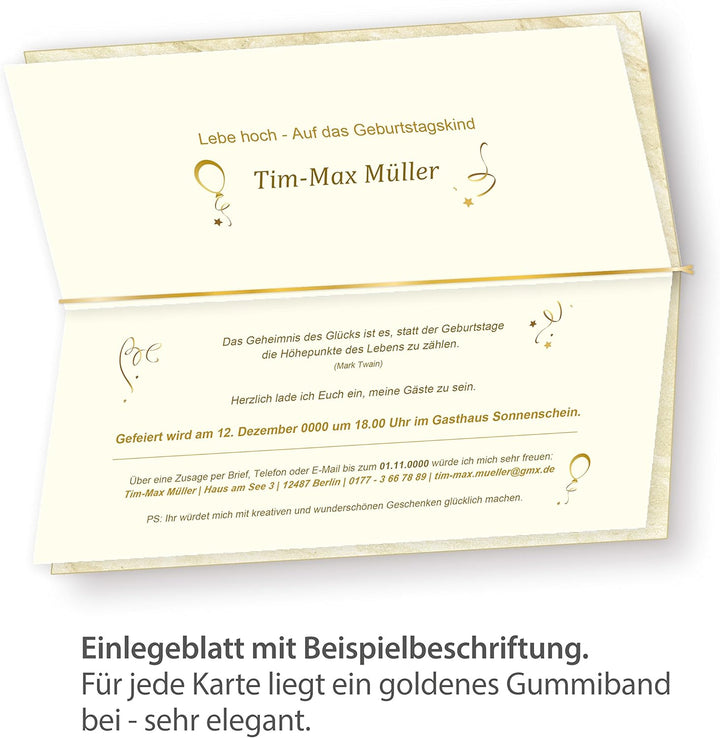 Einladungskarten Marmor (25 Sets) zum Selbst-gestalten, mit Einlegeblätter + Goldbänder, für Geburts