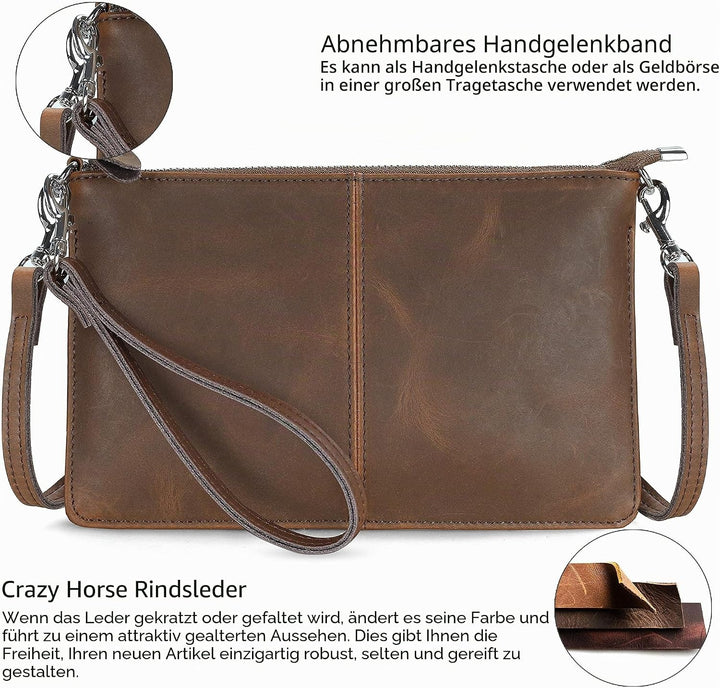 Befen Leder-Clutch, Geldbörse, kleine Umhängetasche für Damen Crazy Horse Leder - Braun, Crazy Horse
