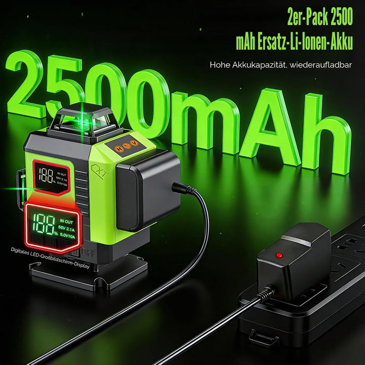 4D 16-Linien Laser-Nivelliergerät, 4×360° Selbstnivellierend mit digitaler Batterieanzeige, Grüner L