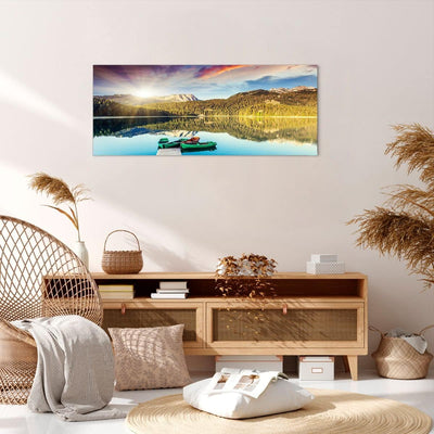 Wandbilder Dekoration Wohnzimmer See Berge Wasser Panorama Bilder auf Leinwand 120x50cm Leinwandbild