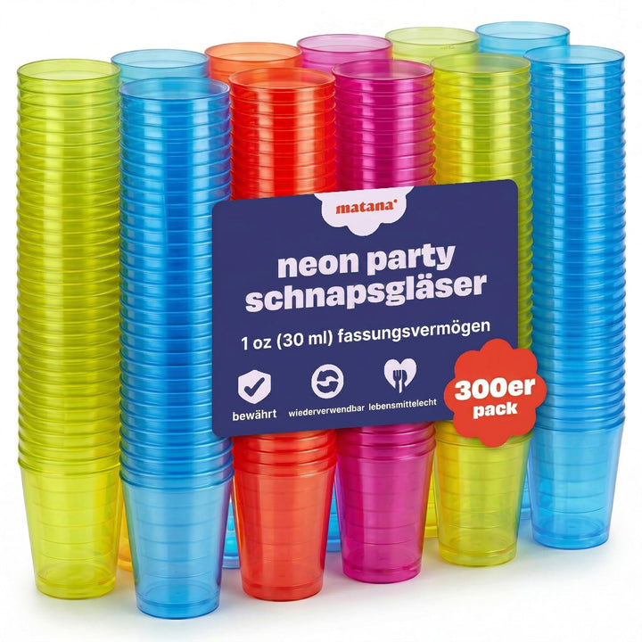 MATANA 300 Bunte Schnapsgläser aus Plastik, 3cl - Pinnchen Kunststoff, Neon Shotgläser, Shot Becher,