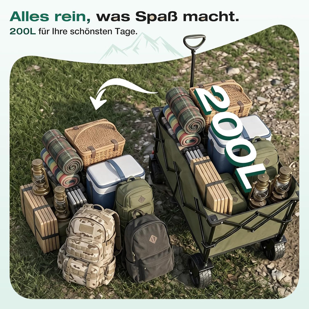 Sekey XXL Plus Bollerwagen Faltbar mit Bremsen 200L 200KG Belastbar, Extra Breite Reifen All Terrain