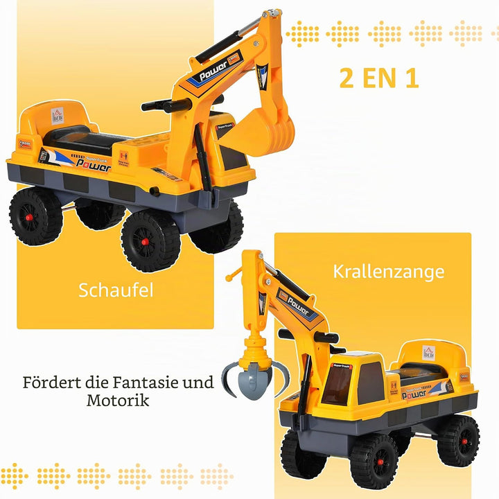 Homcom Kinder Tritor Lauflernhilfe Traktor 2 – 3 Jahre Bagger mit Gelenk, mit Zange inkl. Soundeffek