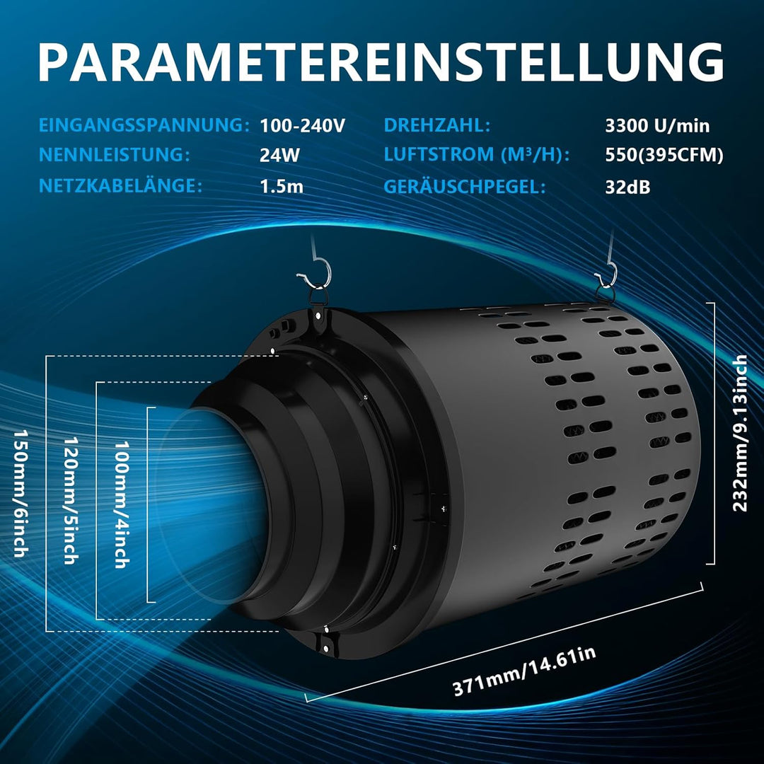 2 In 1 Aktivkohlefilter Rohrventilator 150mm, Kompatibel Mit LüFtungsrohren 100mm 125mm 150mm Austau