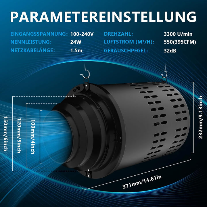 2 In 1 Aktivkohlefilter Rohrventilator 150mm, Kompatibel Mit LüFtungsrohren 100mm 125mm 150mm Austau