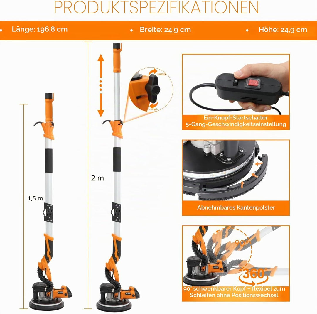 Trockenbauschleifer, 1250 W 225 mm Elektroschleifer, 5 variablen Geschwindigkeiten von 500 bis 1800