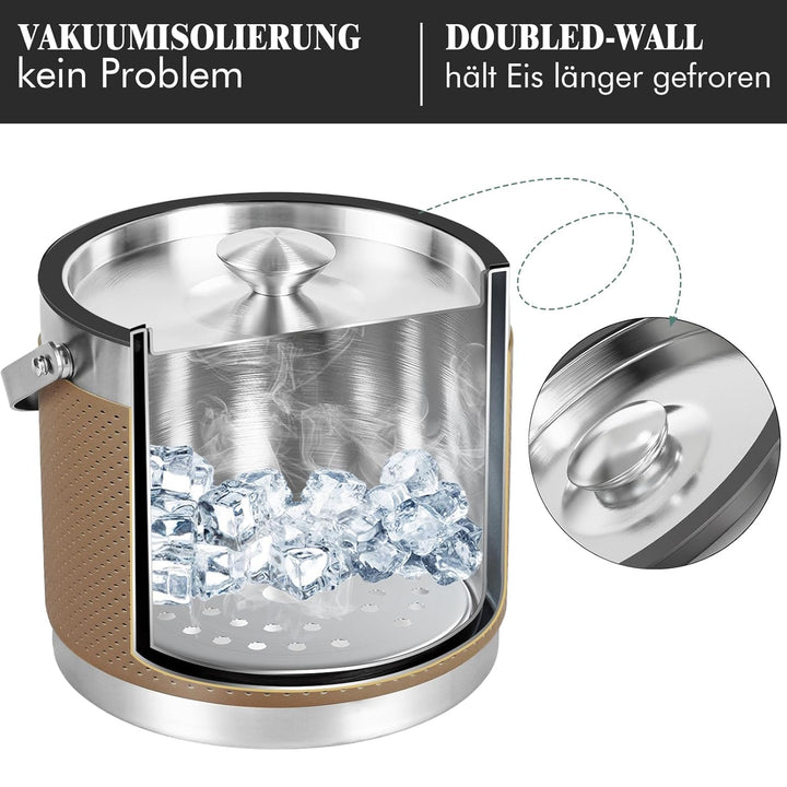 3.2L Eiswürfelbehälter mit Deckel und Schaufel, Upgrade Lederdesign Edelstahl Eiskübel, Doppelwandig