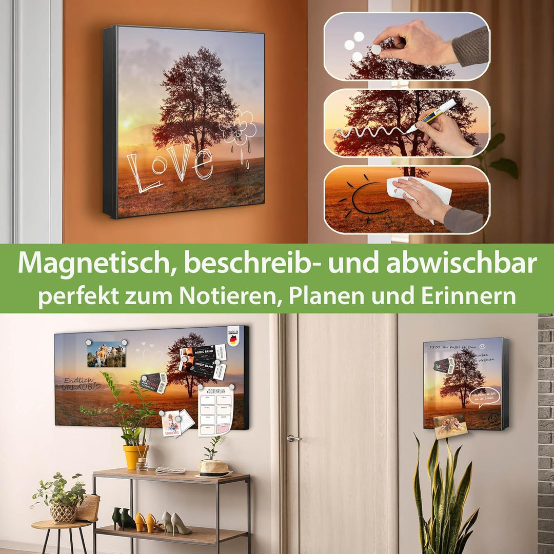 banjado® Grosser Schlüsselkasten Glas/Schlüsselbox 30cm x 30cm mit 50 Haken - Motiv Sonnenaufgang/Sc